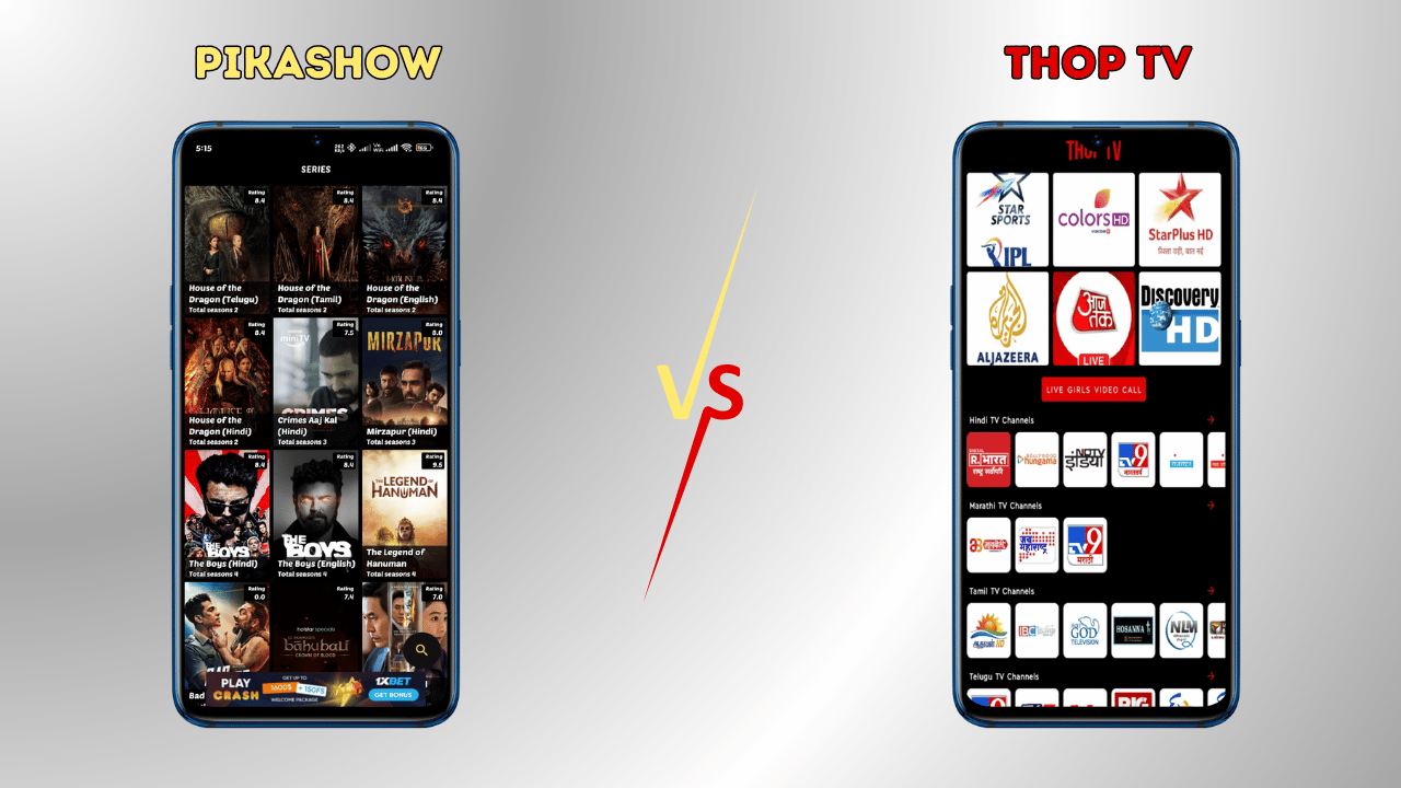 PikaShow vs. Thop TV: Extensive Collections